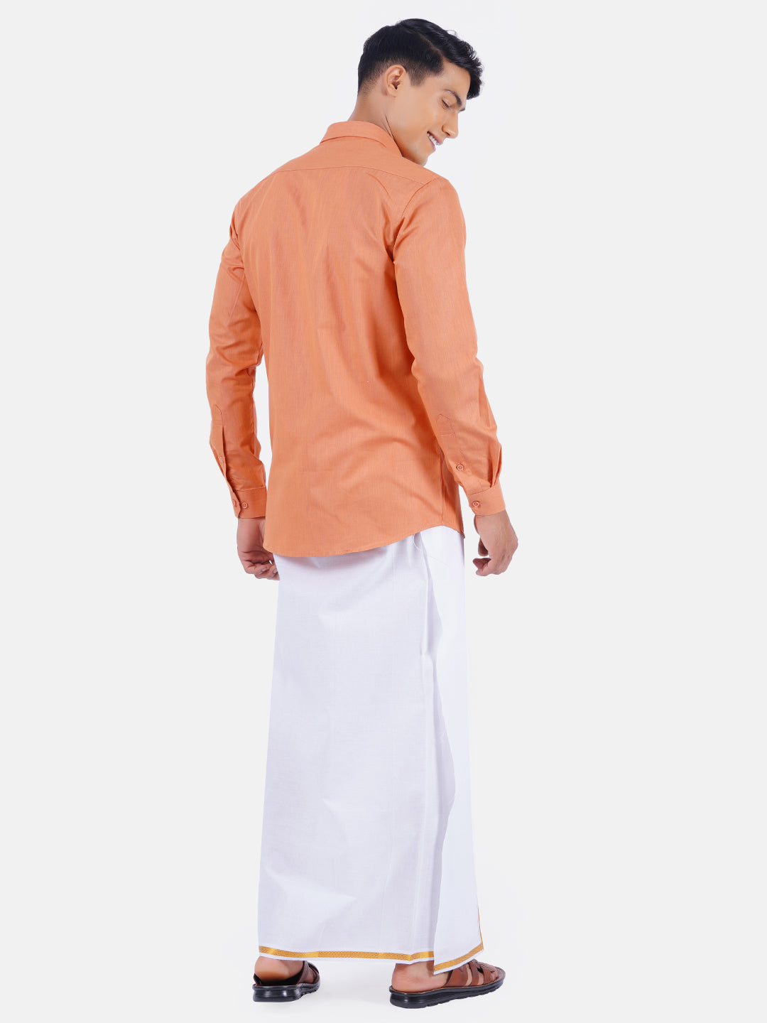 Mens Cotton Colour Full Sleeves Shirt with Jari Dhoti Plus Size Combo-Backview
