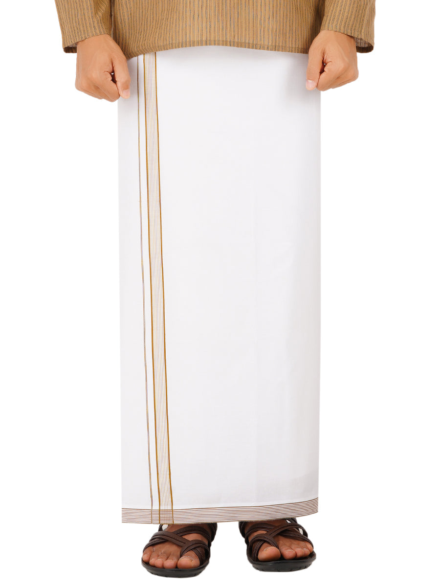 Mens Single Dhoti White with Fancy Border Brain Trust Lines Mustard-Front view