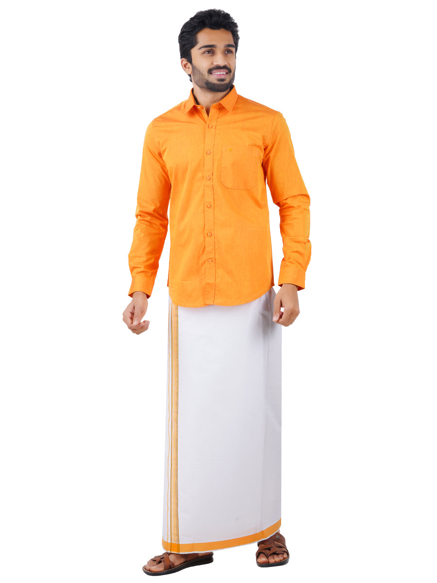 Mens Fancy Border Dhoti & Shirt Set Full Sleeves Orange G107-Full view