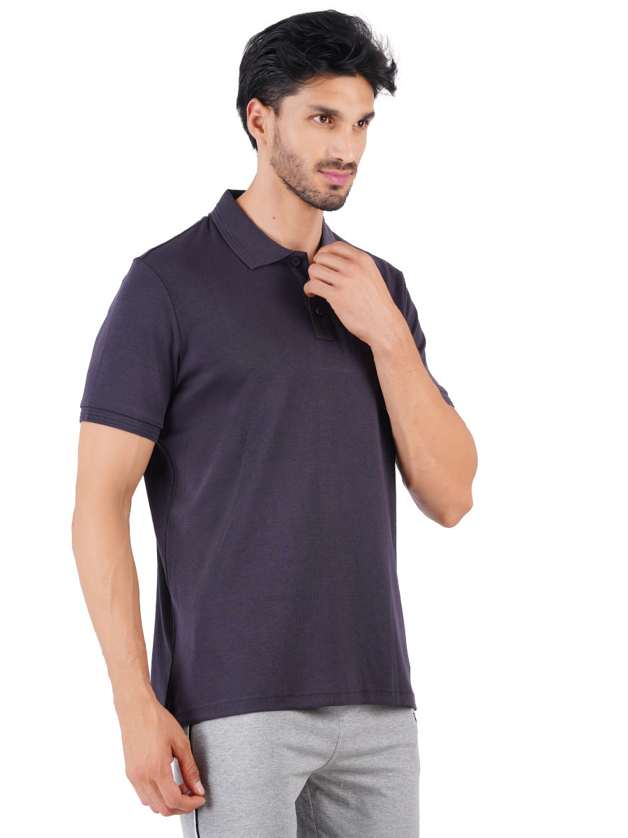 Men's Dark Grey Super Combed Cotton Half Sleeves Polo T-Shirt-Side view