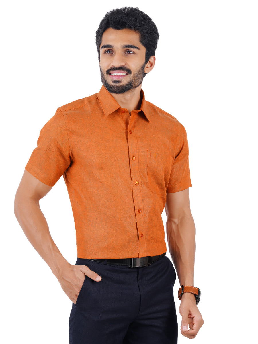 Mens Pure Linen Half Sleeves Shirt Dark Orange-Front view