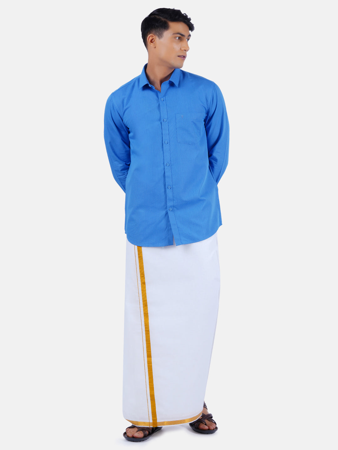 Mens Cotton Full Sleeves Shirt with 3/4'' Gold Jari Dhoti Combo