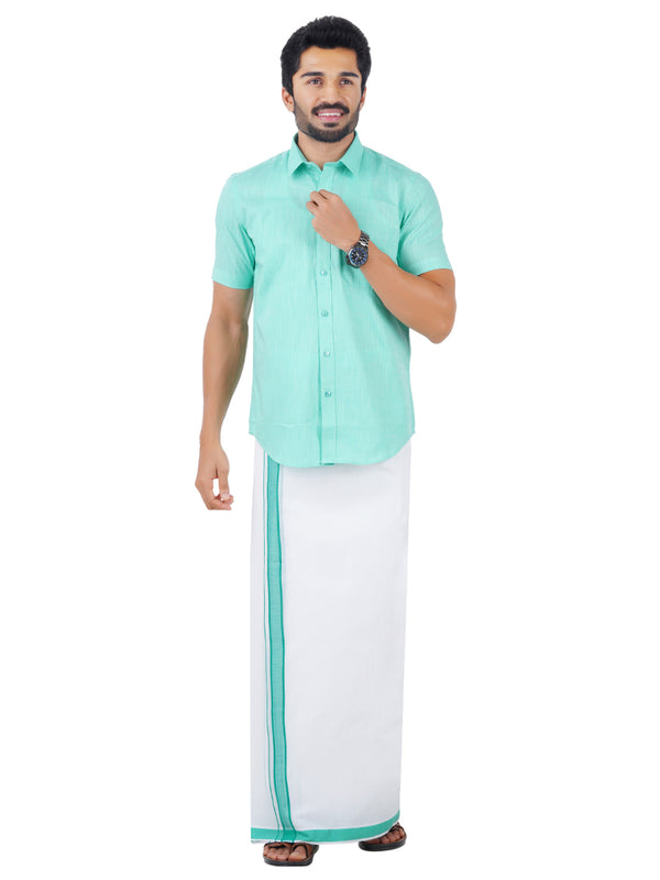 Mens Matching Border Dhoti & Shirt Set Half Blue C50