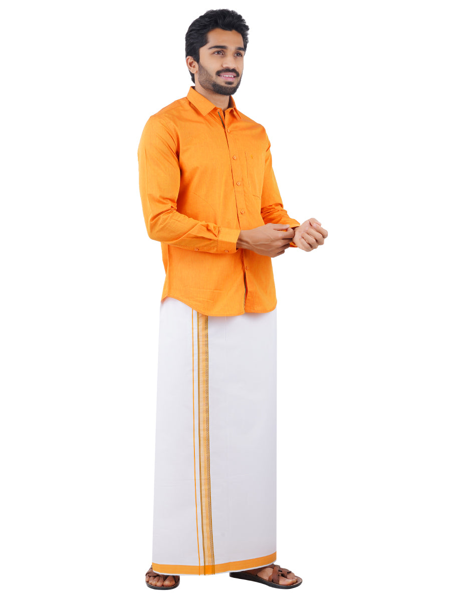 Mens Fancy Border Dhoti & Shirt Set Full Sleeves Orange G107-Side view