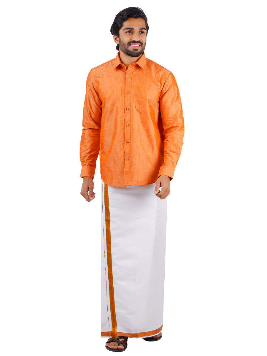 Mens Matching Jari Border Dhoti & Shirt Set Full Orange VB4