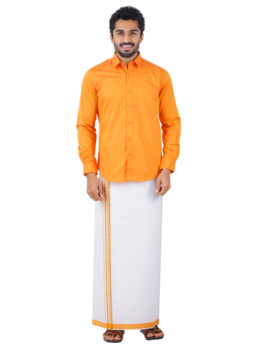 Mens Fancy Border Dhoti & Shirt Set Full Sleeves Orange G107
