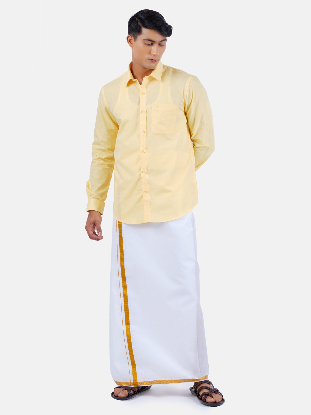 Mens Cotton Colour Full Sleeves Shirt with Jari Dhoti Plus Size Combo