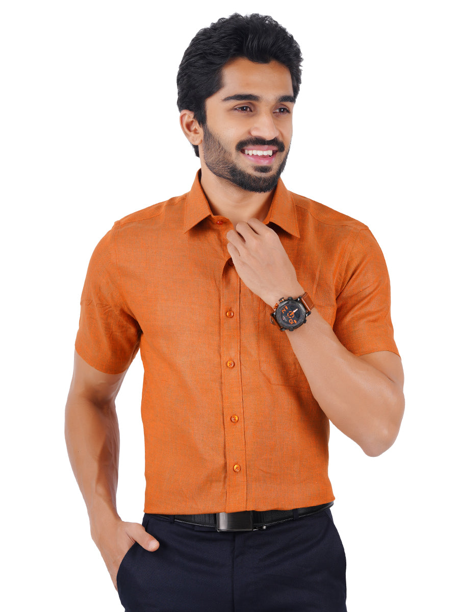 Mens Pure Linen Half Sleeves Shirt Dark Orange