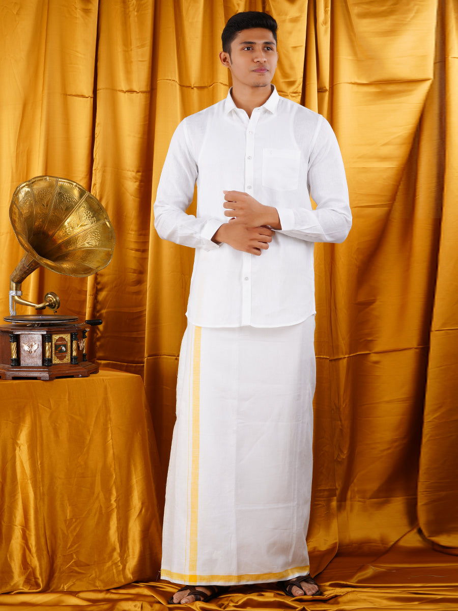 Mens Premium Pure Linen Shirt Full Sleeve with Double Dhoti White 770