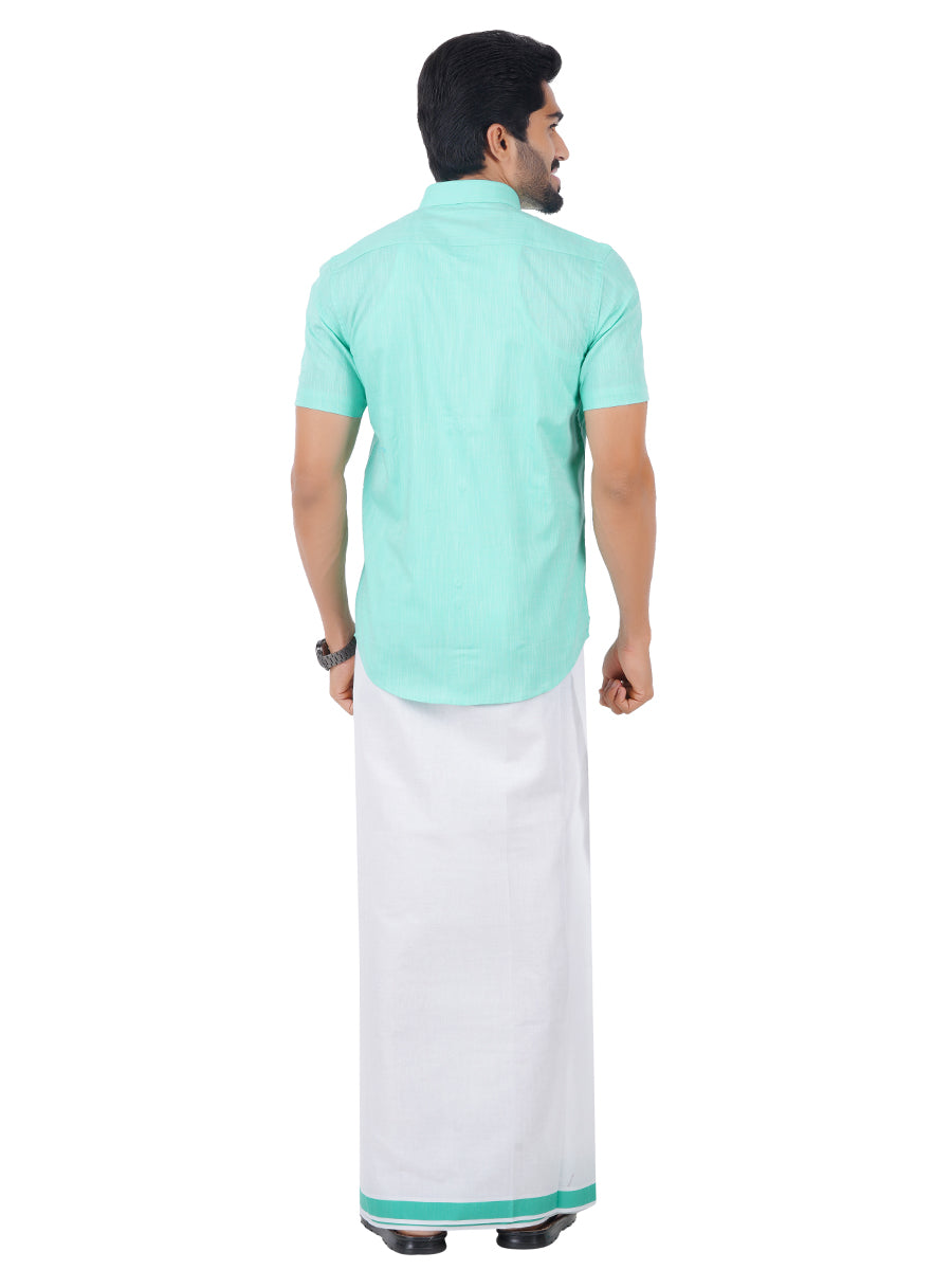 Mens Matching Border Dhoti & Shirt Set Half Blue C50-Back view