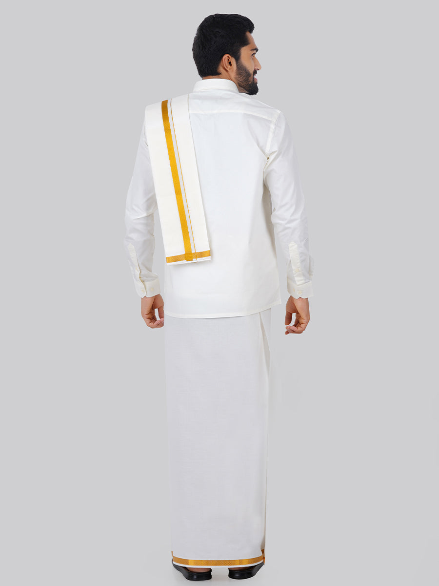 Mens Cream Full Sleeves Shirt 3/4" Gold Jari Double Dhoti+Towel Combo-Backv iew