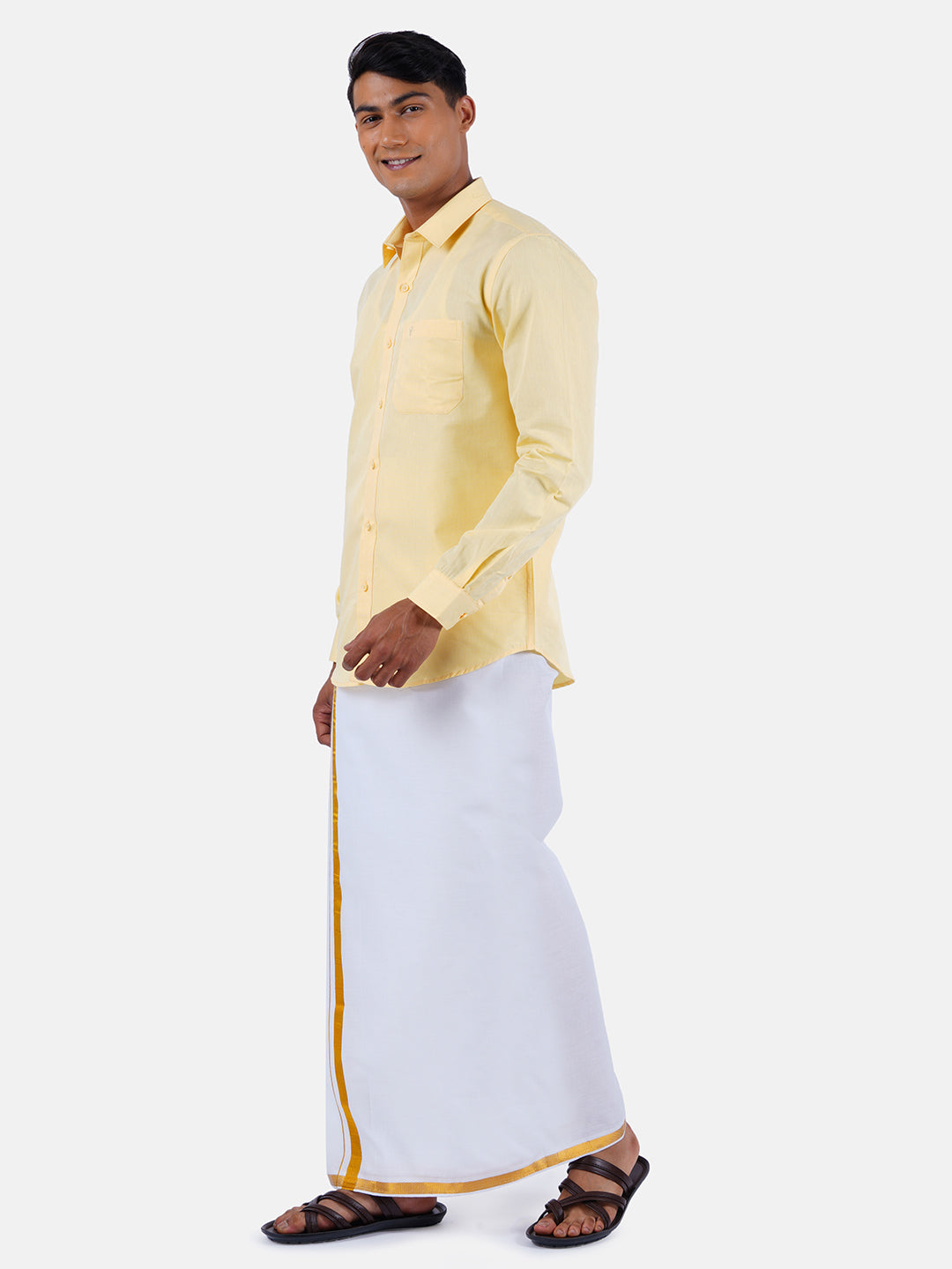 Mens Cotton Full Sleeves Shirt with 1/2'' Gold Jari Dhoti Combo-Sdie view