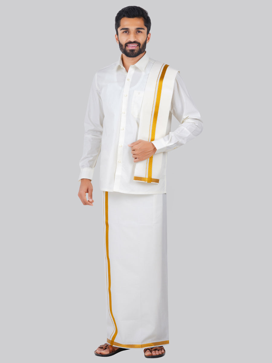 Mens Cream Full Sleeves Shirt 3/4" Gold Jari Double Dhoti+Towel+Belt Combo-Full view