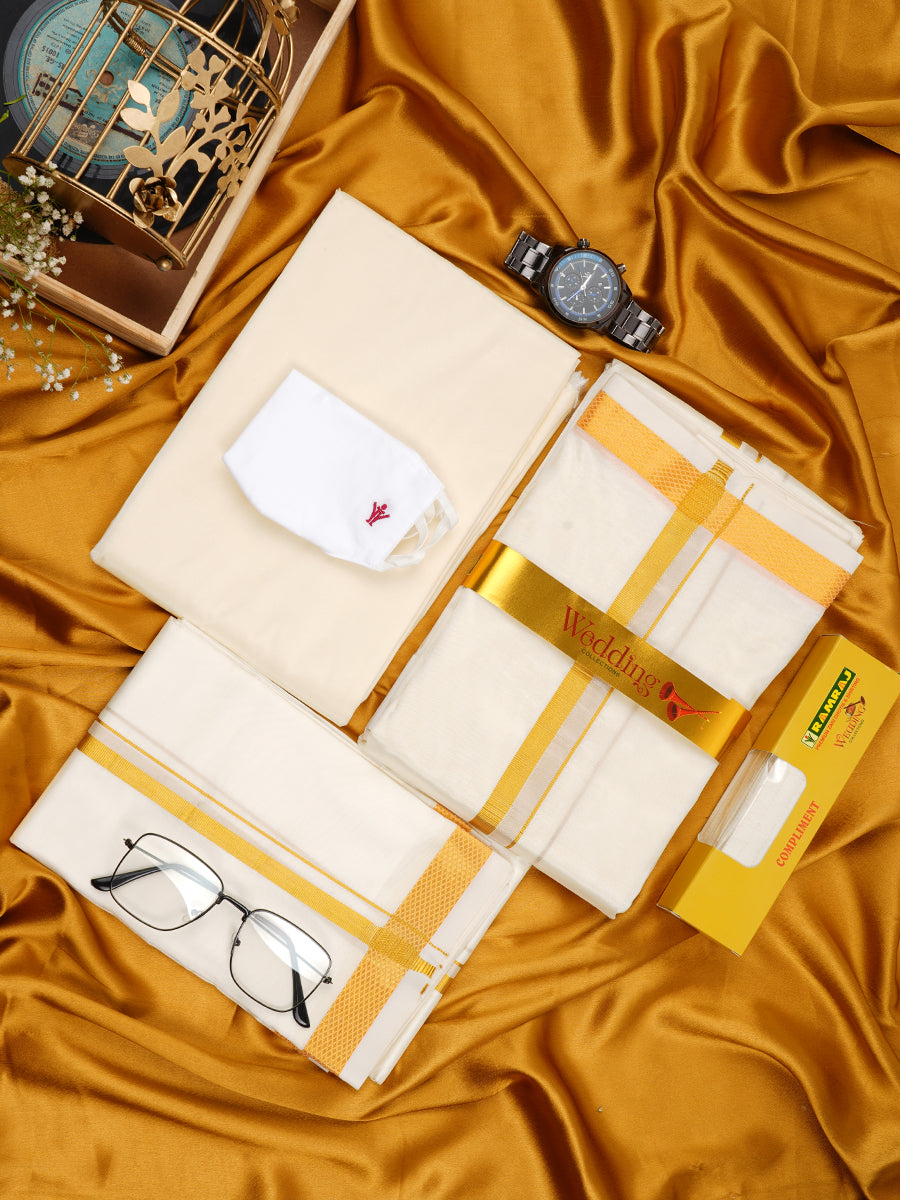 Wedding Cream Zari Dhoti with shirt Bit & Towel Set Subamangalam 50k-Full set view