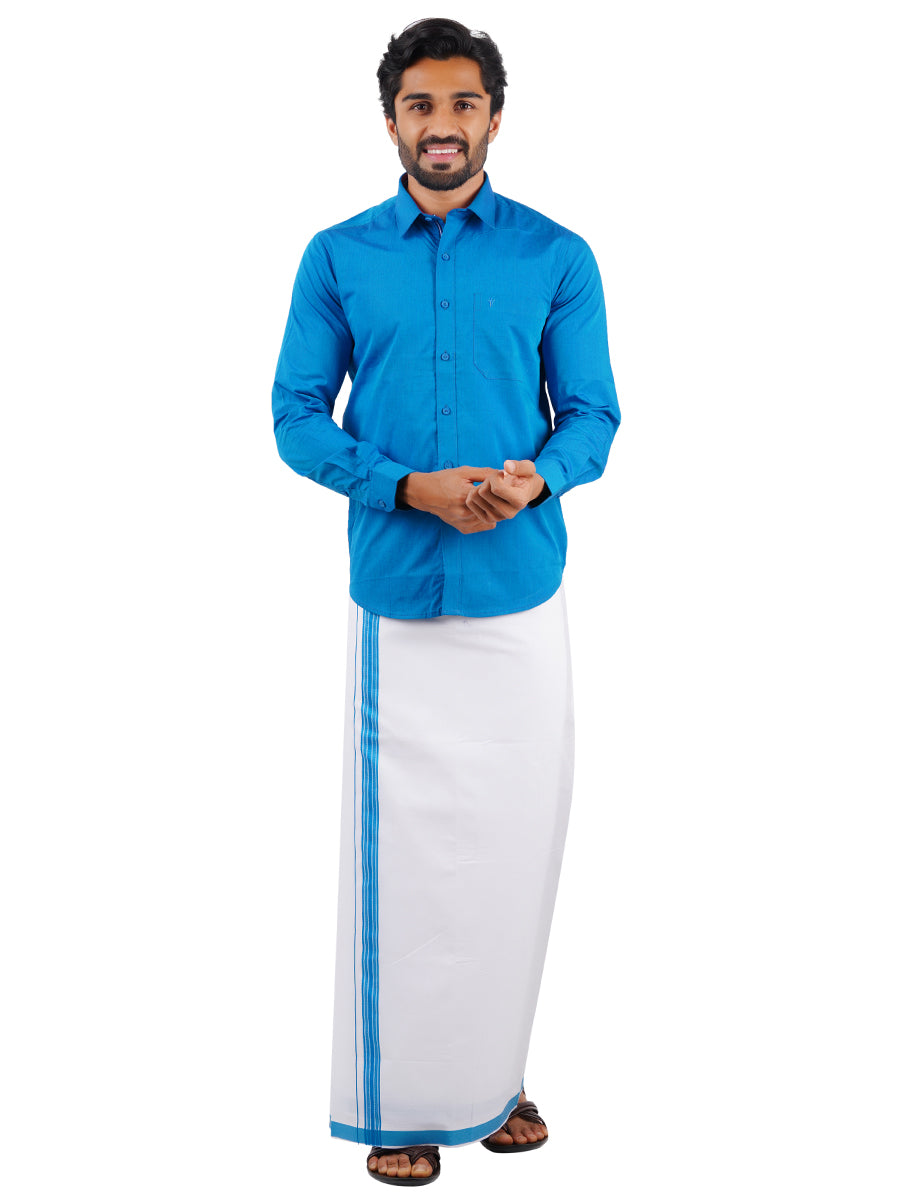 Mens Fancy Border Dhoti & Shirt Set Full Sleeves Blue G113