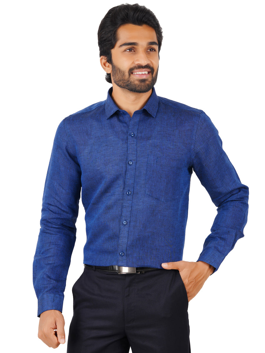 Mens Pure Linen Full Sleeves Shirt Dark Blue-Front view
