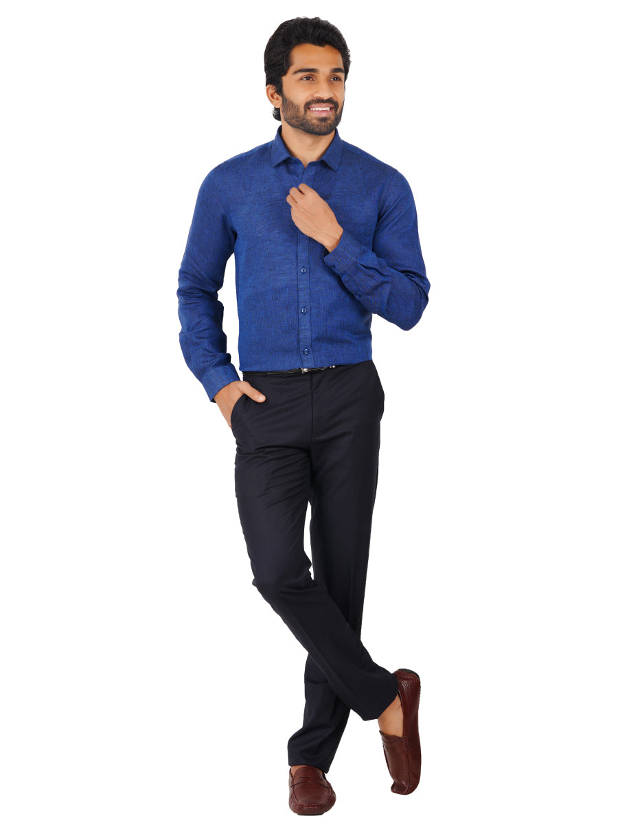 Mens Pure Linen Full Sleeves Shirt Dark Blue-Full view