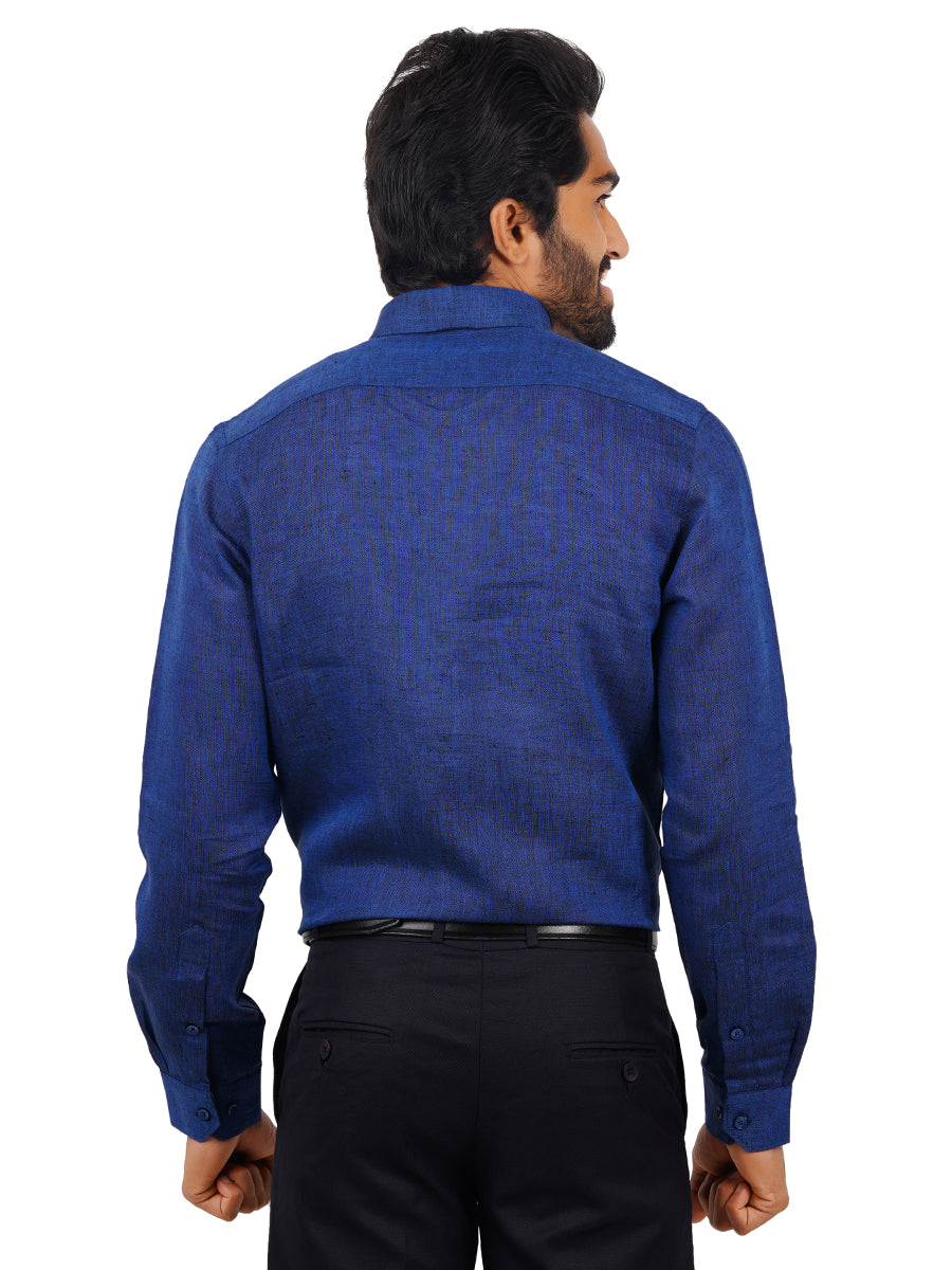 Mens Pure Linen Full Sleeves Shirt Dark Blue-Back view