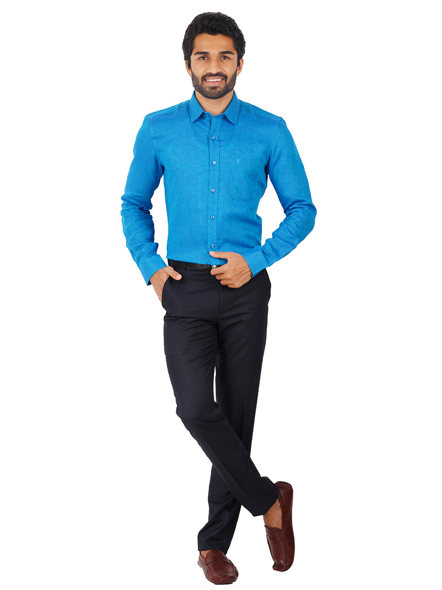 Mens Pure Linen Full Sleeves Shirt Bondi Blue-Full view