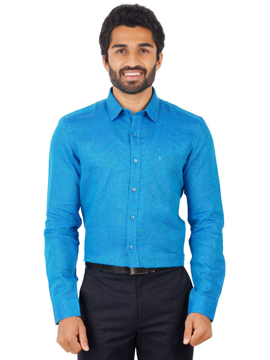 Mens Pure Linen Full Sleeves Shirt Bondi Blue