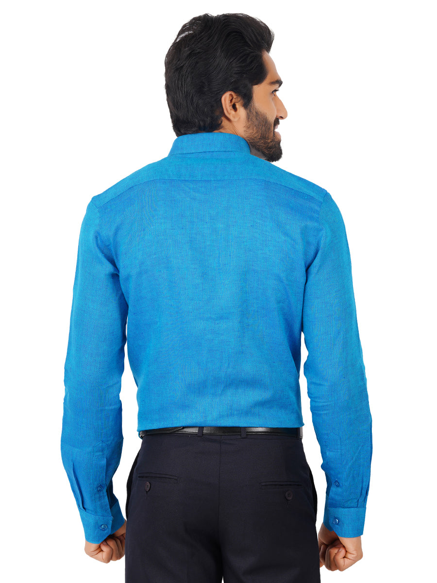 Mens Pure Linen Full Sleeves Shirt Bondi Blue-Back view