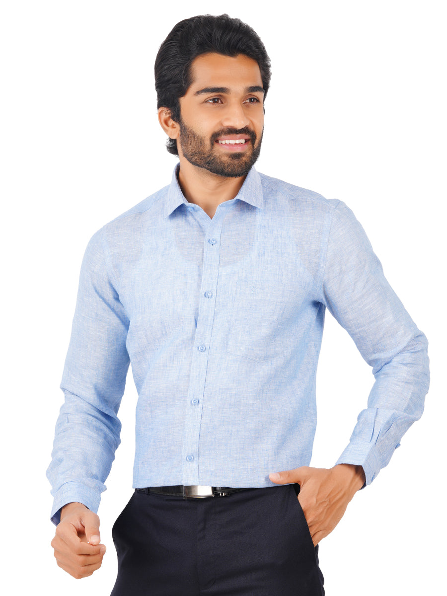 Mens Pure Linen Full Sleeves Shirt Pale Blue-Side view