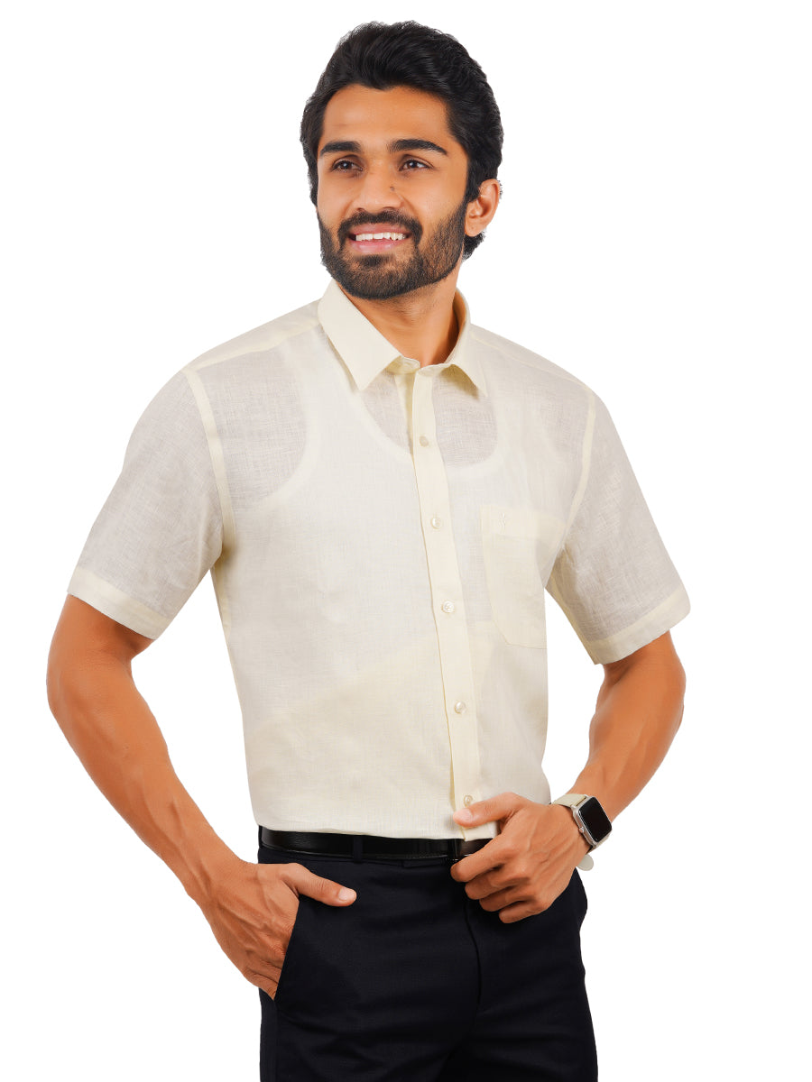 Mens Pure Linen Half Sleeves Shirt Cream-Side view