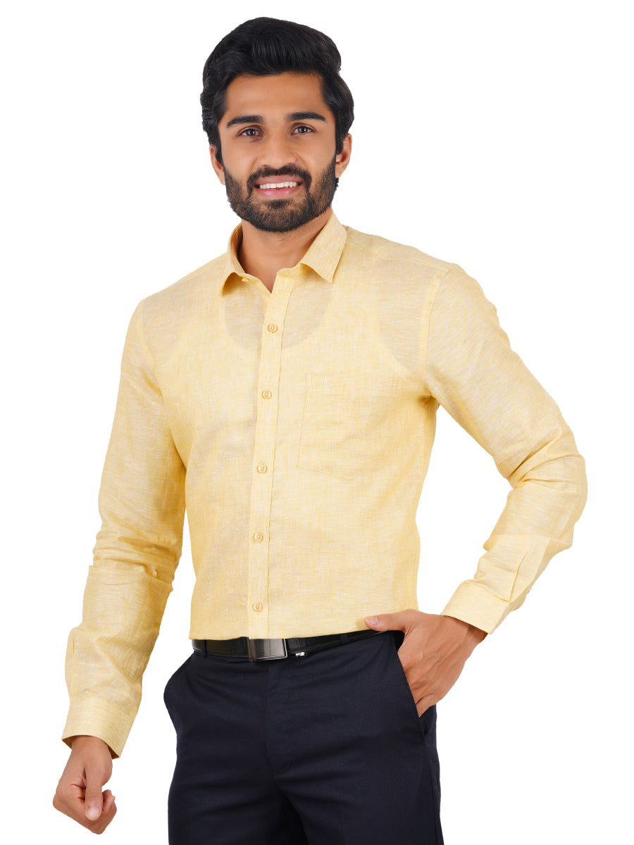 Mens Pure Linen Full Sleeves Shirt Yellow-Front view