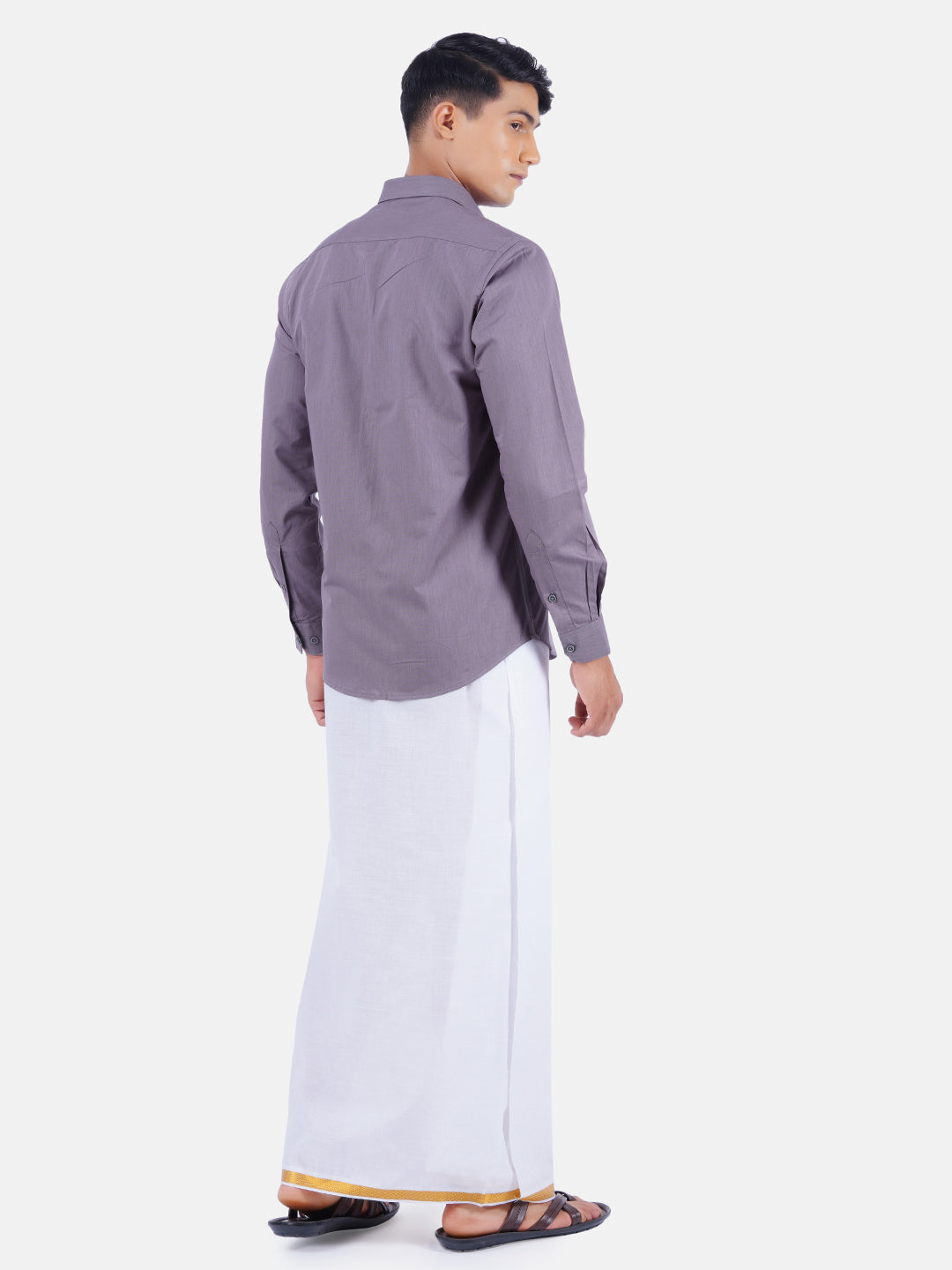 Mens Cotton Full Sleeves Shirt with 3/4'' Gold Jari Dhoti Combo-Back view