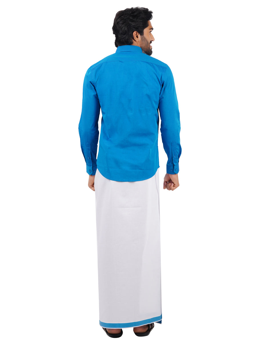Mens Fancy Border Dhoti & Shirt Set Full Sleeves Blue G113-Back view