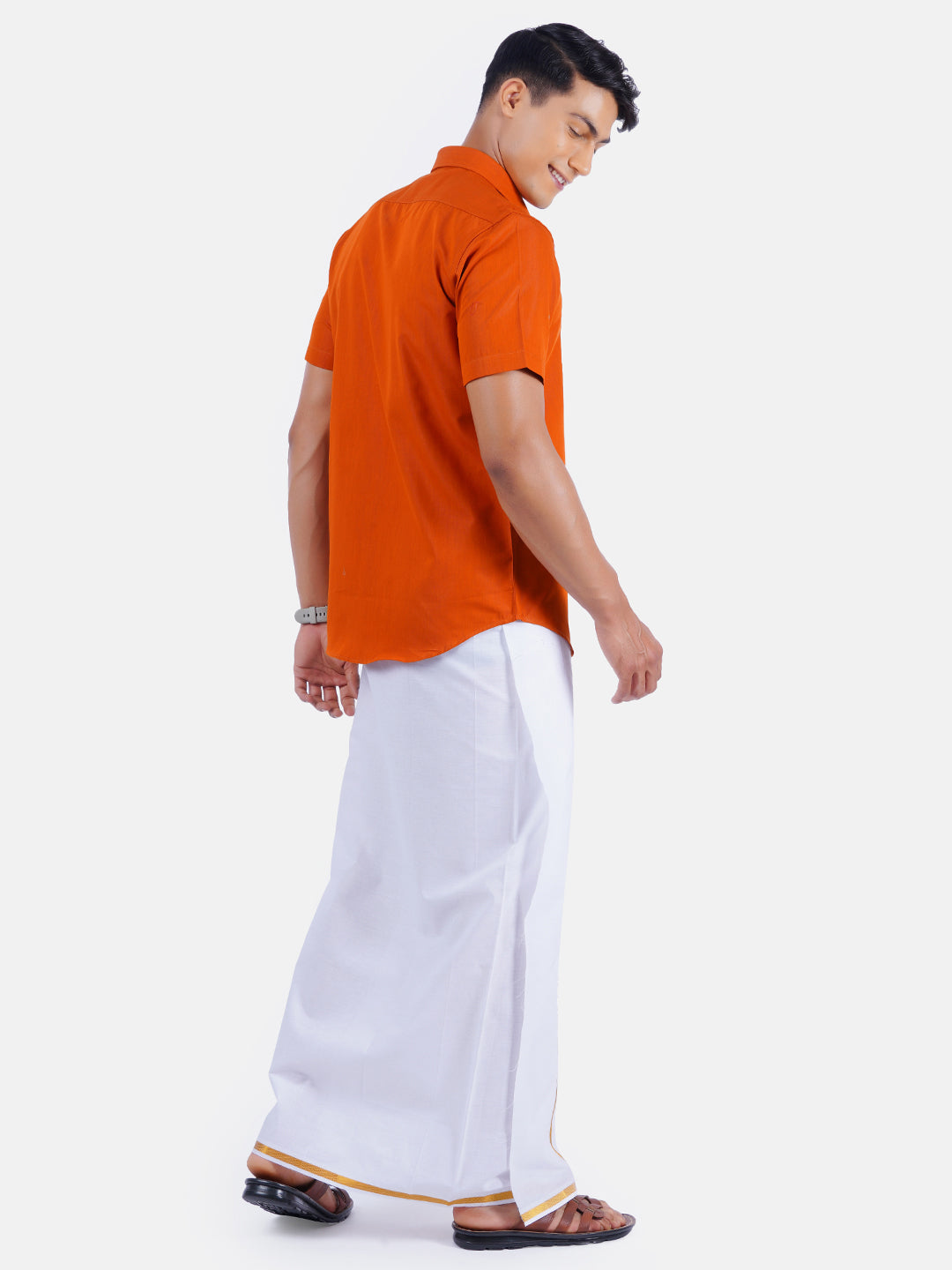 Mens Cotton Color Half Sleeves Shirt with 1/2'' Gold Jari Dhoti Combo-Back view