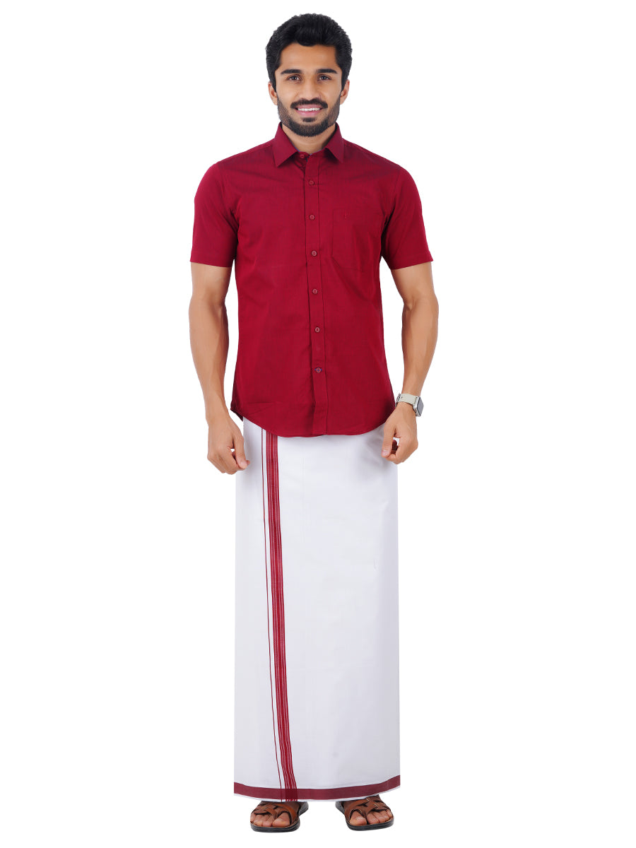 Mens Fancy Border Dhoti & Shirt Set Half Sleeves Maroon G103-Front view