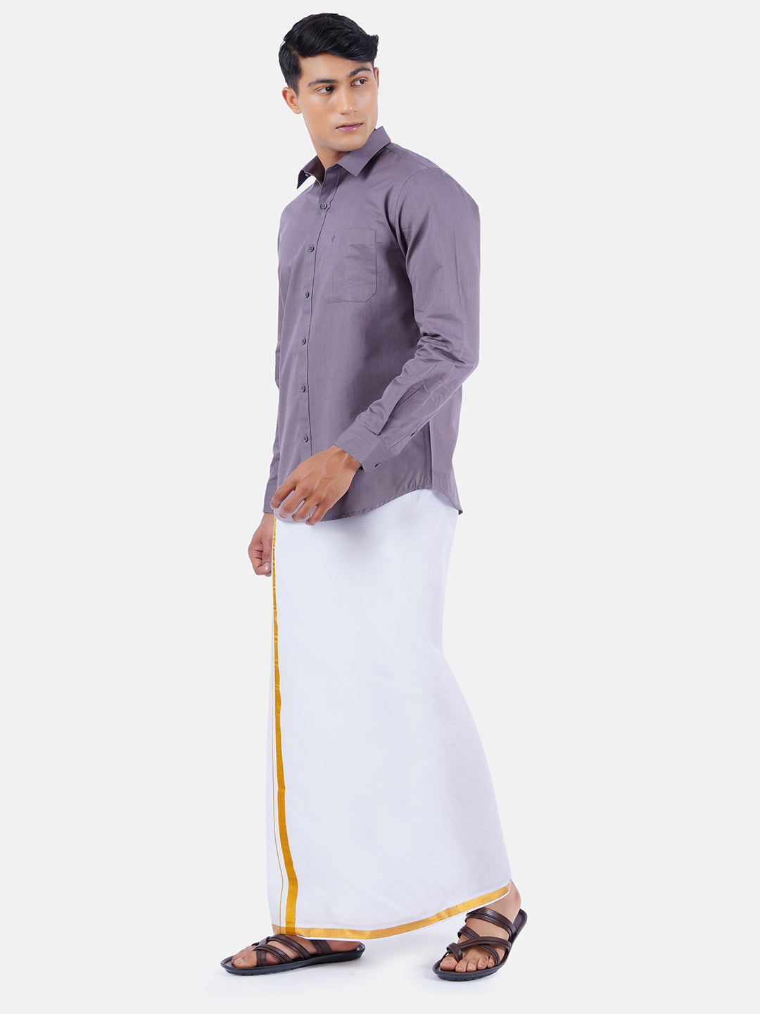 Mens Cotton Full Sleeves Shirt with 3/4'' Gold Jari Dhoti Combo-Side view
