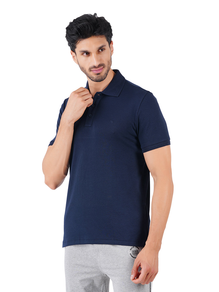 Men's Navy Super Combed Cotton Half Sleeves Polo T-Shirt-Side view