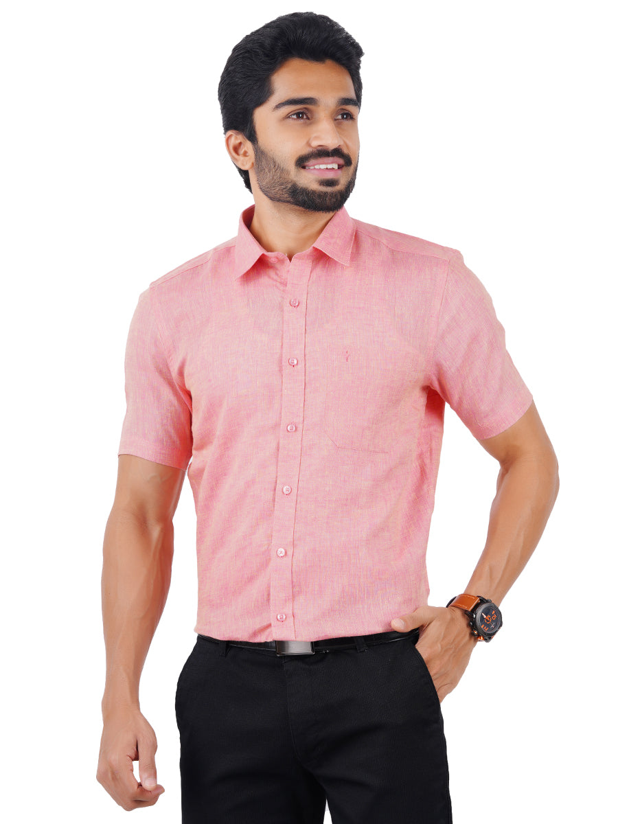 Mens Pure Linen Half Sleeves Shirt Dark Pink-Front view