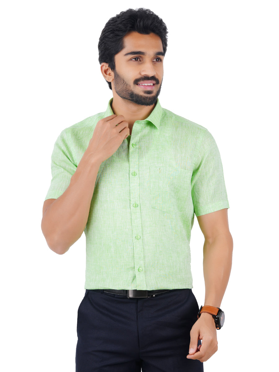 Mens Pure Linen Half Sleeves Shirt Green-Front view