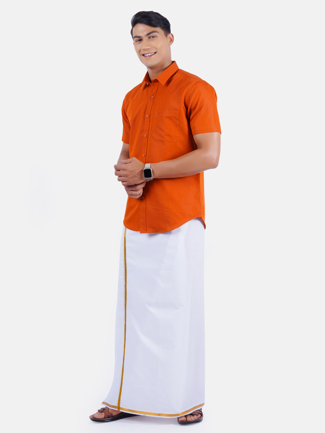 Mens Cotton Half Sleeves Shirt with 1/2'' Gold Jari Dhoti Combo-Sdie view