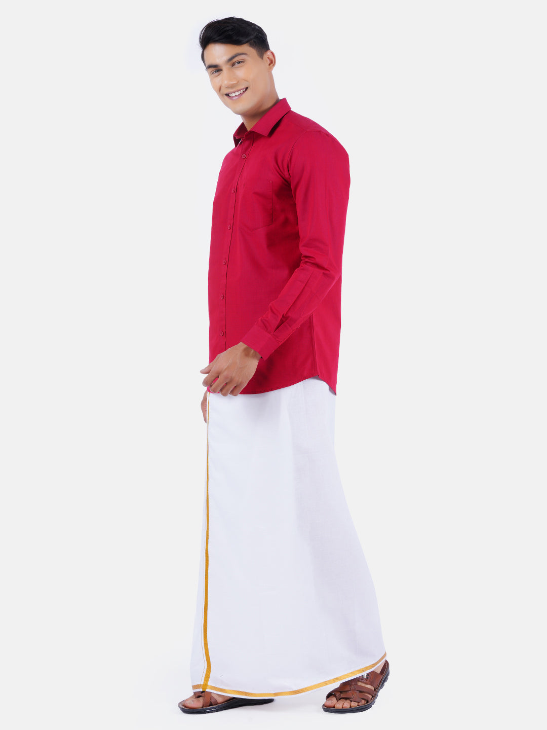 Mens Cotton Full Sleeves Shirt with 1/2'' Gold Jari Dhoti Combo-Side view