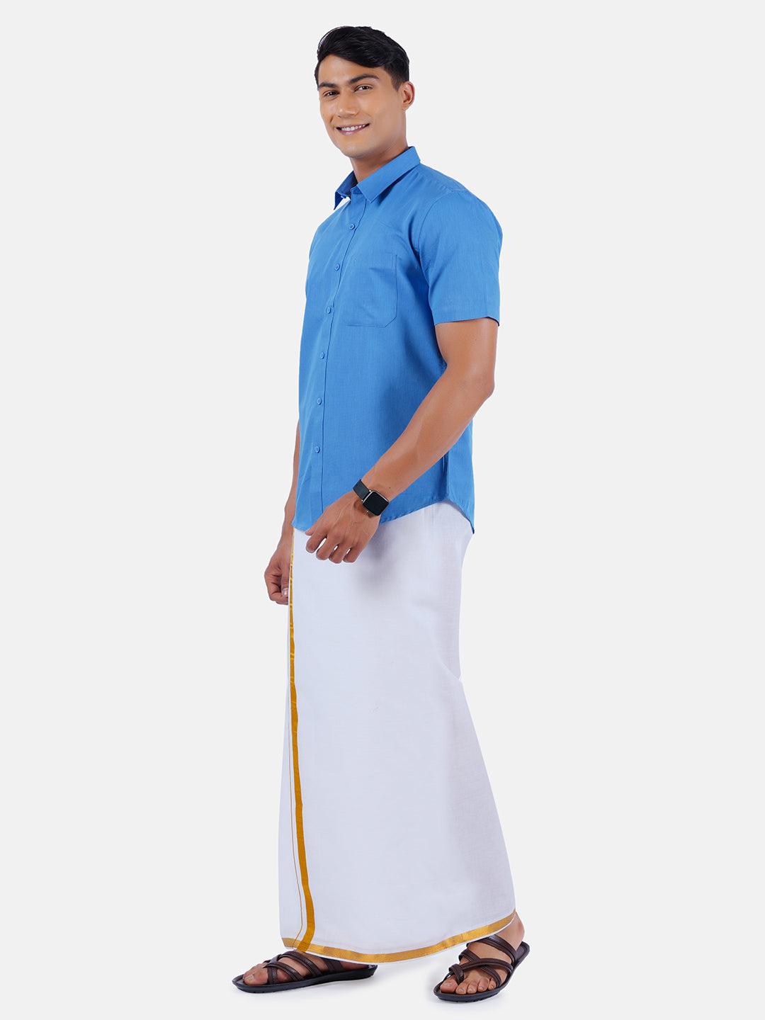 Mens Cotton Half Sleeves Shirt with 3/4'' Gold Jari Dhoti Combo-Side view
