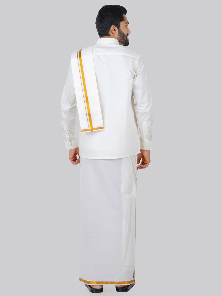 Mens Cream Full Sleeves Shirt 3/4" Gold Jari Double Dhoti+Towel Combo-Back view
