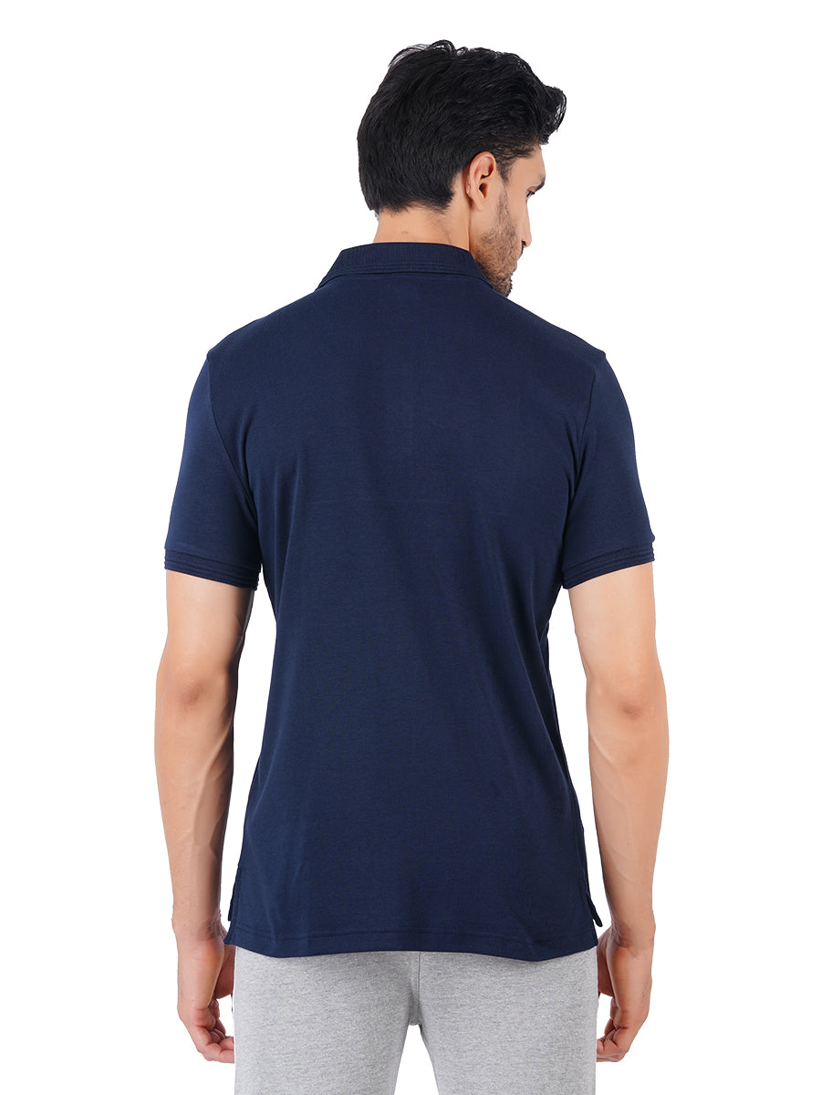 Men's Navy Super Combed Cotton Half Sleeves Polo T-Shirt-Back view