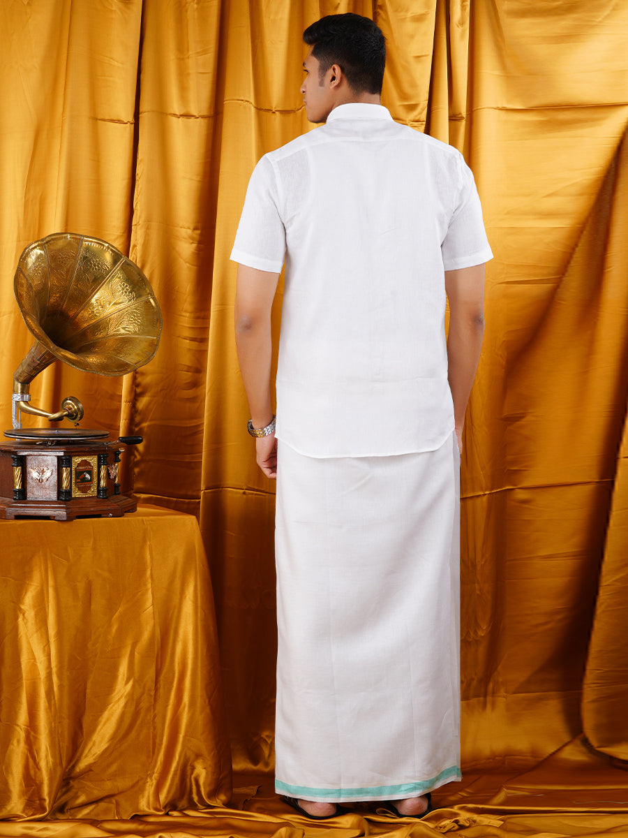 Mens Premium Pure Linen Shirt Half Sleeve with Double Dhoti White 770-Back view