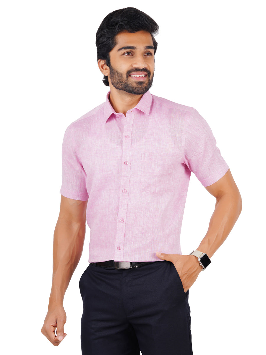 Mens Pure Linen Half Sleeves Shirt Pink-Front view