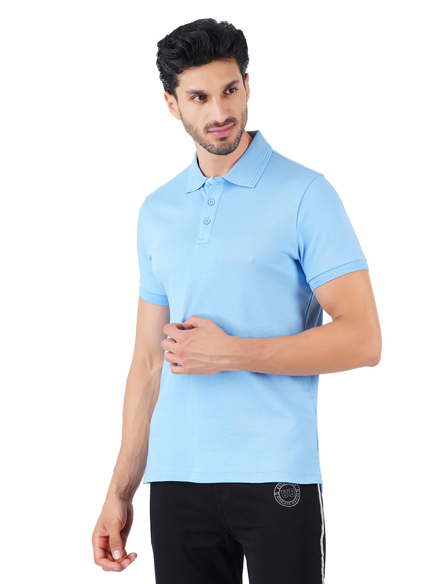 Men's Irish Blue Super Combed Cotton Half Sleeves Polo T-Shirt-Side view