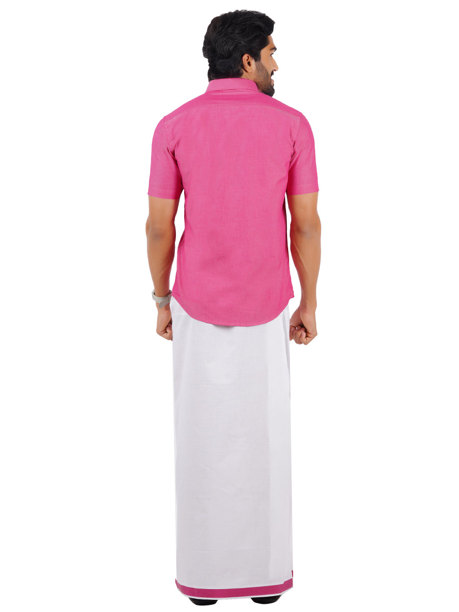 Mens Fancy Border Dhoti & Shirt Set Half Sleeves Pink G110-Back view
