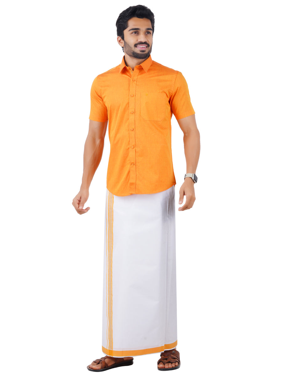 Mens Fancy Border Dhoti & Shirt Set Half Sleeves Orange G107-Full view