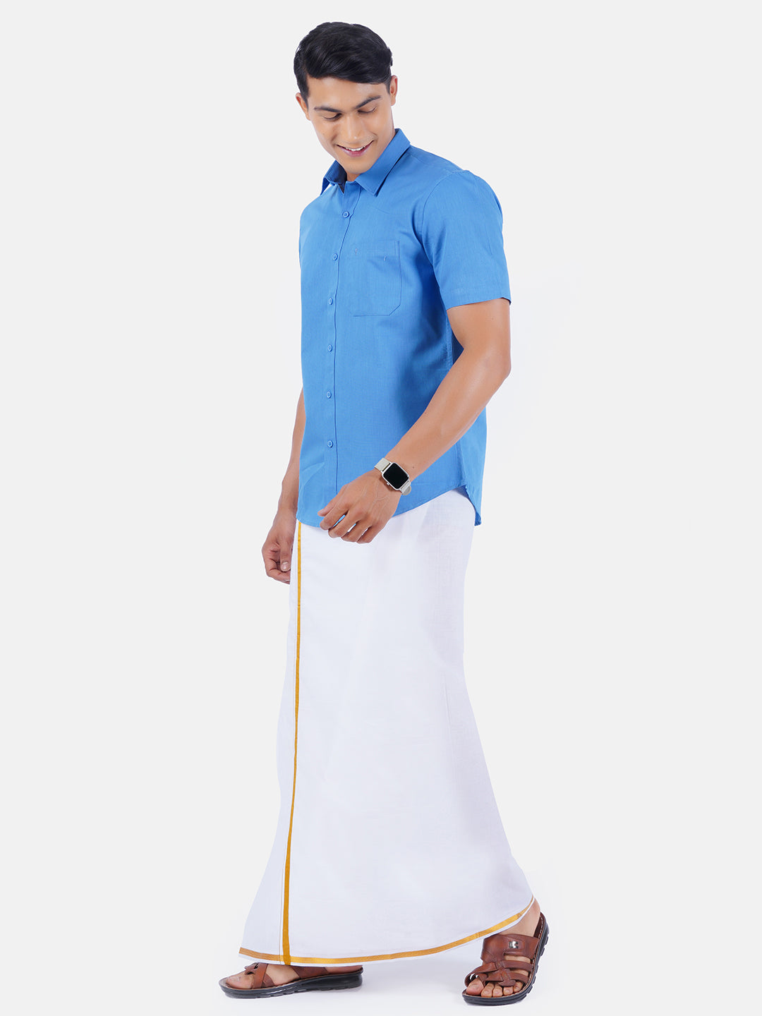 Mens Cotton Half Sleeves Shirt with 1/2'' Gold Jari Dhoti Combo-Side view