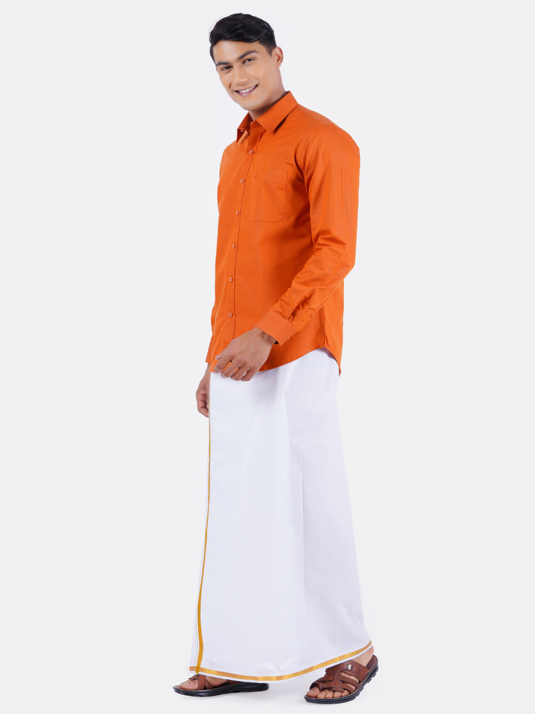 Mens Cotton Full Sleeves Shirt with 1/2'' Gold Jari Dhoti Combo-Side view