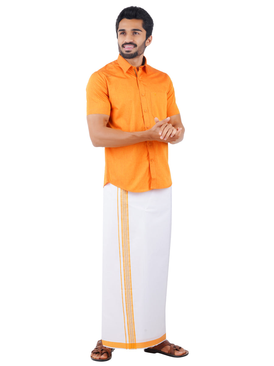 Mens Fancy Border Dhoti & Shirt Set Half Sleeves Orange G107