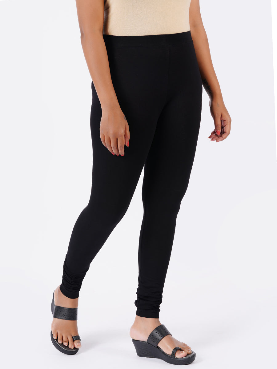 Women's Cotton Black Churidar Fit Stretchable Comfort Leggings-Side view